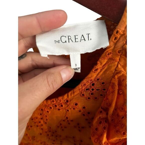 The GREAT. Eyelet Ruffle Flutter 3/4 Sleeve Top  Spice Orange Size 2 M Peasant - Picture 6 of 15
